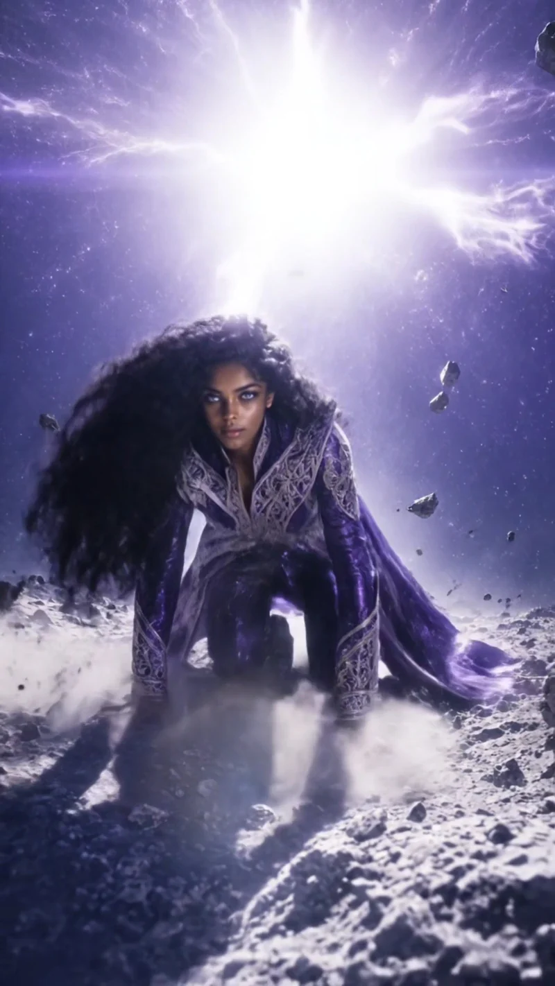 Astra awakening beneath a violet cosmic flare in her silver-ornamented coat
