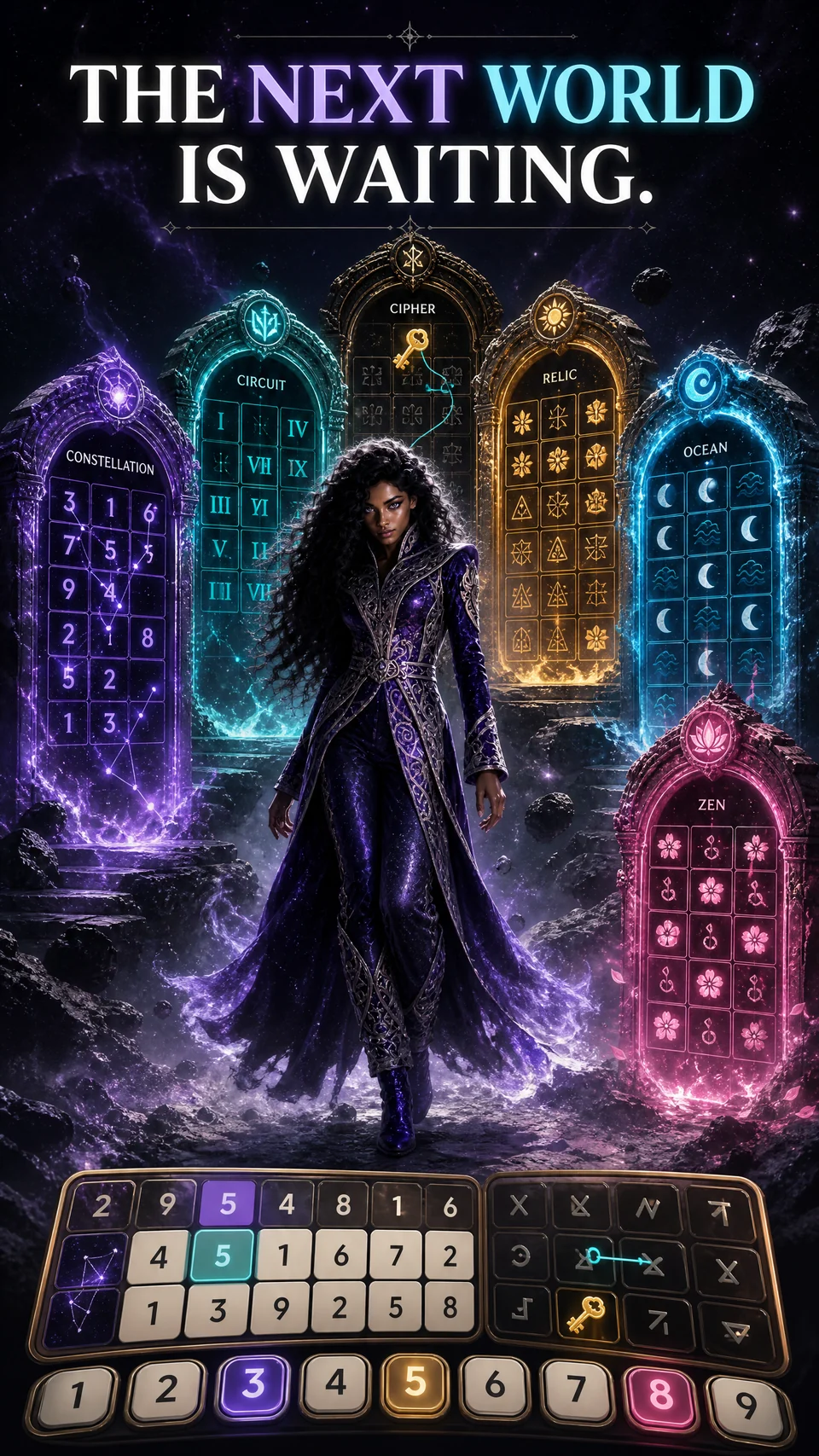Astra standing before constellation, circuit, Cipher, relic, ocean, and Zen world gates