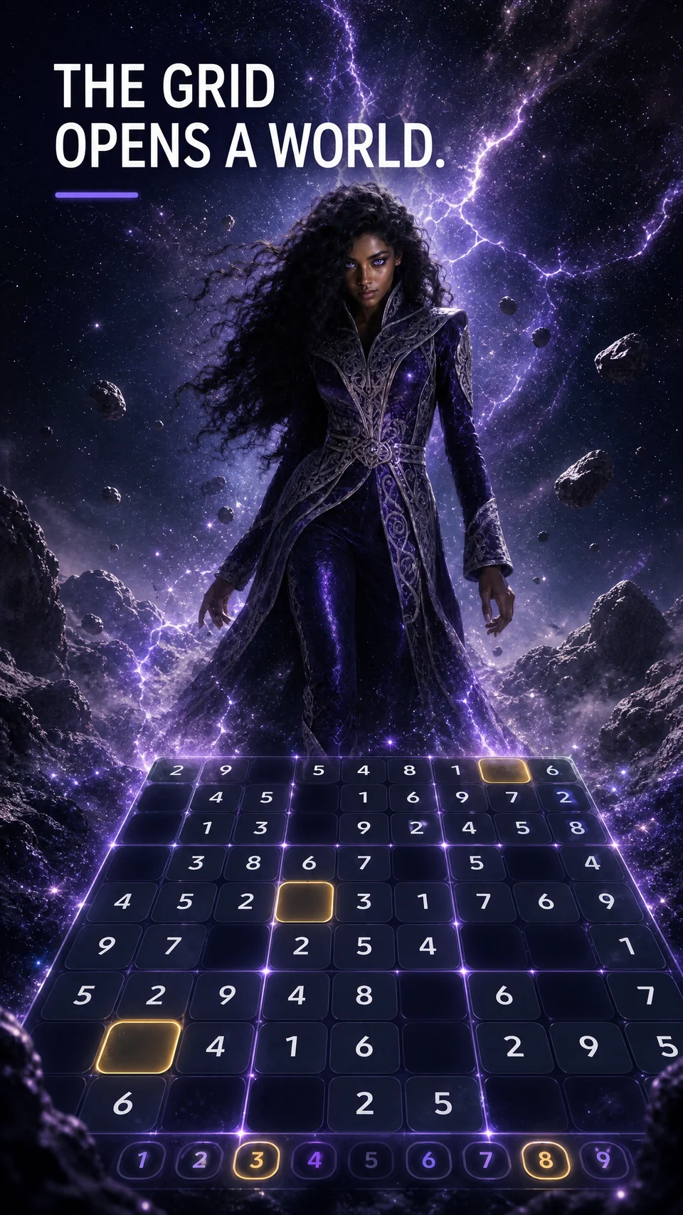 Astra in a violet, silver-ornamented cosmic coat opening a luminous Sudoku grid