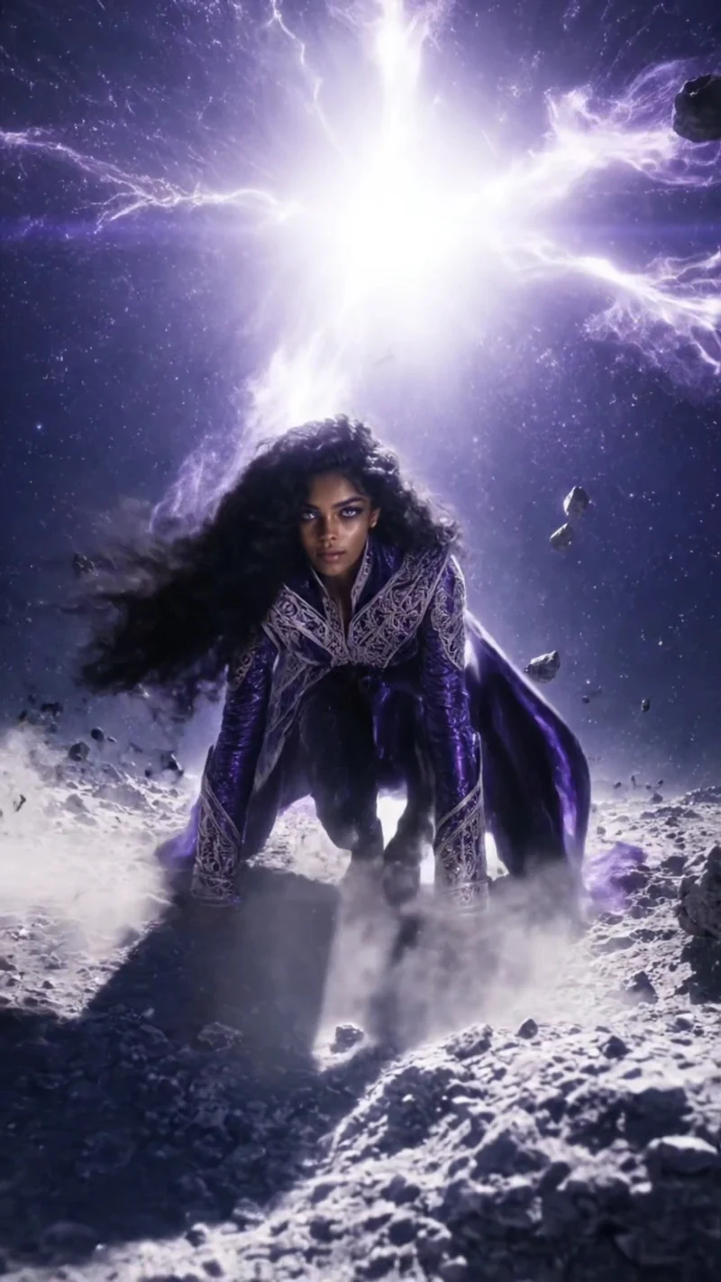 Astra crossing a violet cosmic landscape in her silver-ornamented coat