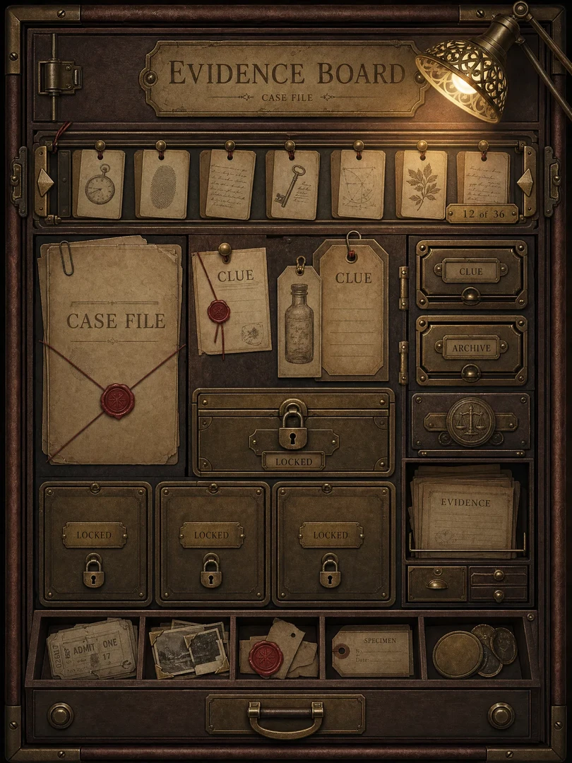 A brass Cipher evidence cabinet with 36 evidence drawers