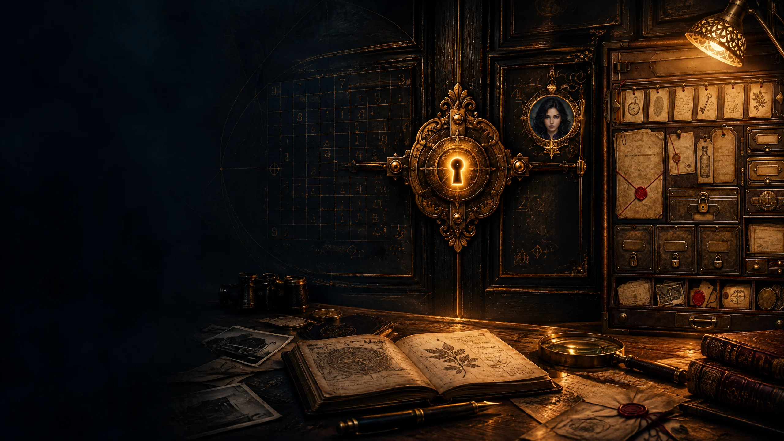 The fictional Cipher archive, with its keyhole, evidence cabinet, and Astra medallion